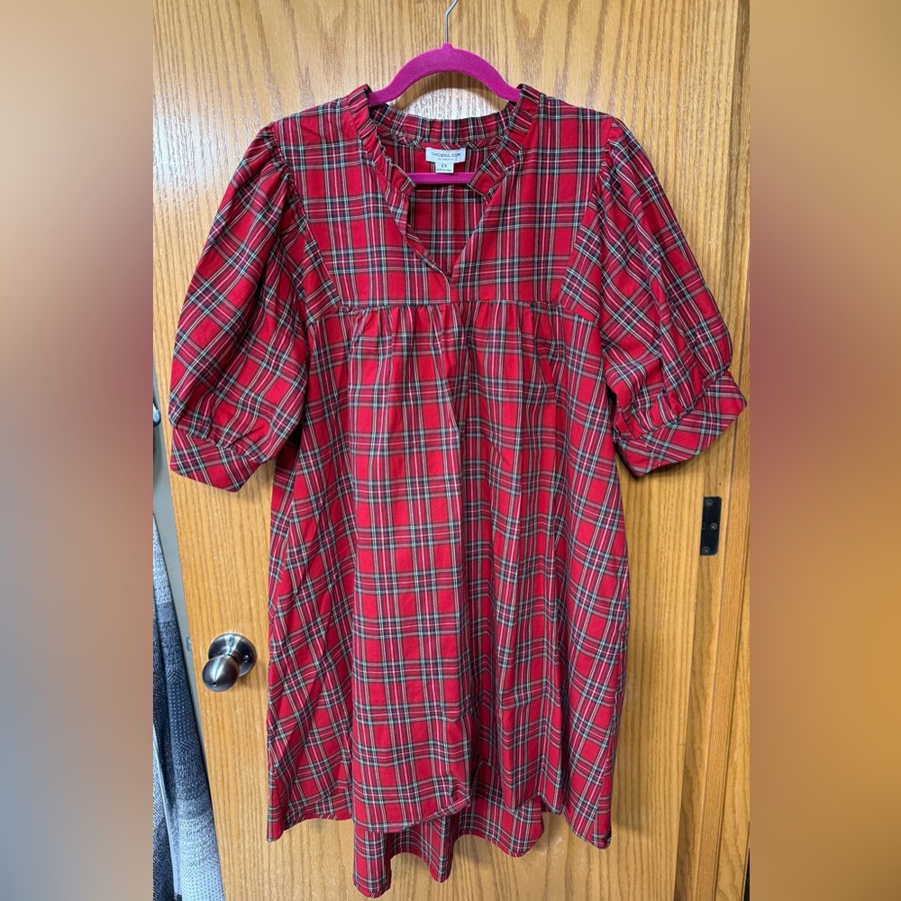 Chic Soul Cotton Red Plaid Puff Sleeve Mini-Dress